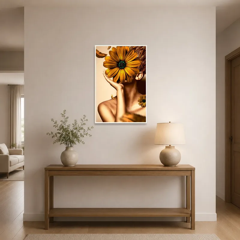 Entrance hall showcasing a surreal floral artwork with gold tones, greeting guests.