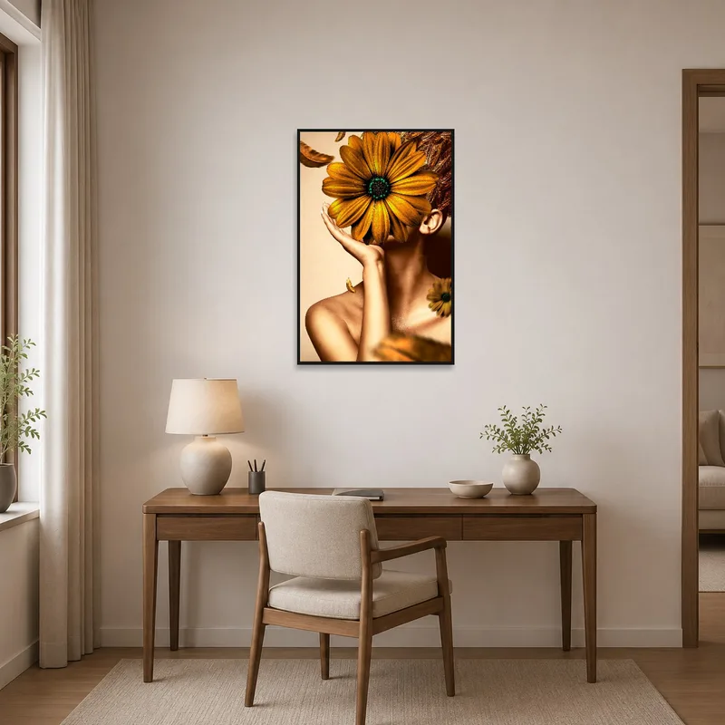 Home office enriched by a surreal floral portrait with golden tones on the wall.