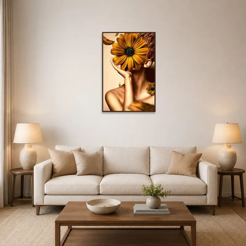 A surreal floral portrait with golden hues adorns a living room wall with cozy furniture.