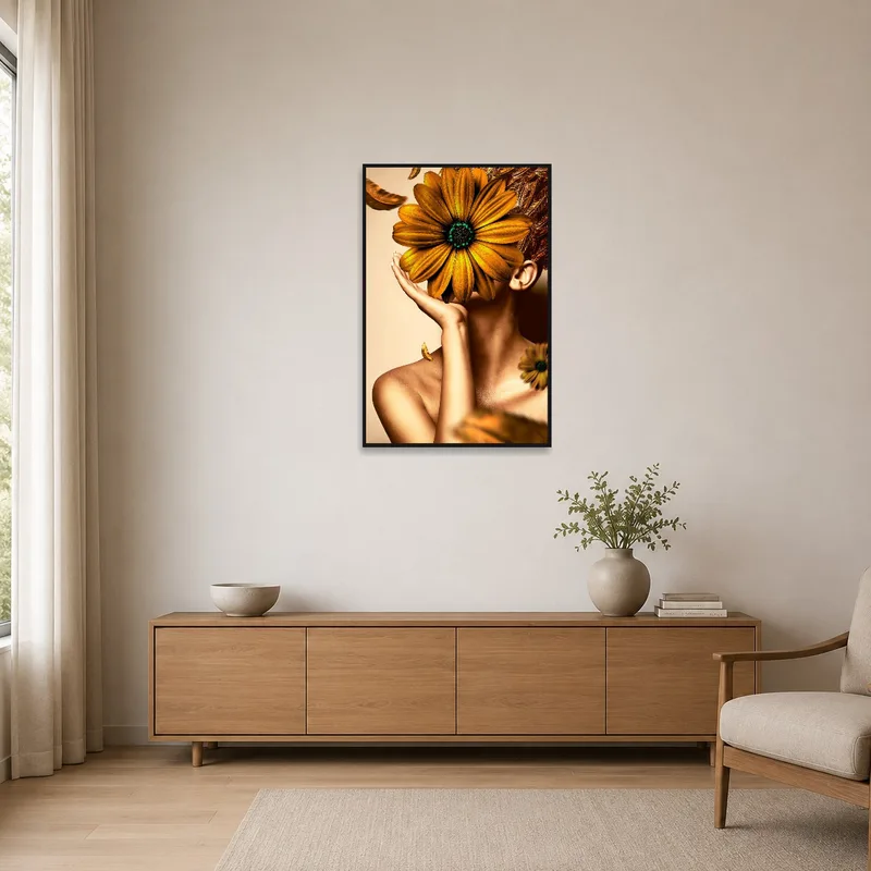 Minimalist room featuring a golden-hued floral portrait on a stark wall.