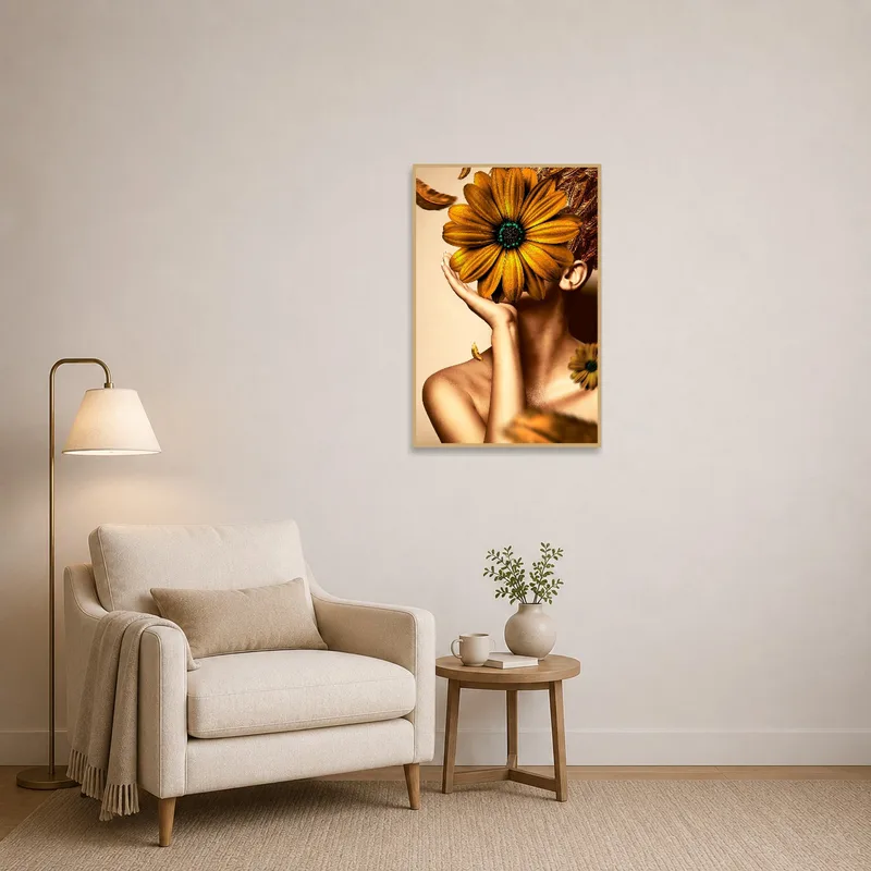 Reading corner accented by a surreal golden floral portrait, adding an artistic touch.