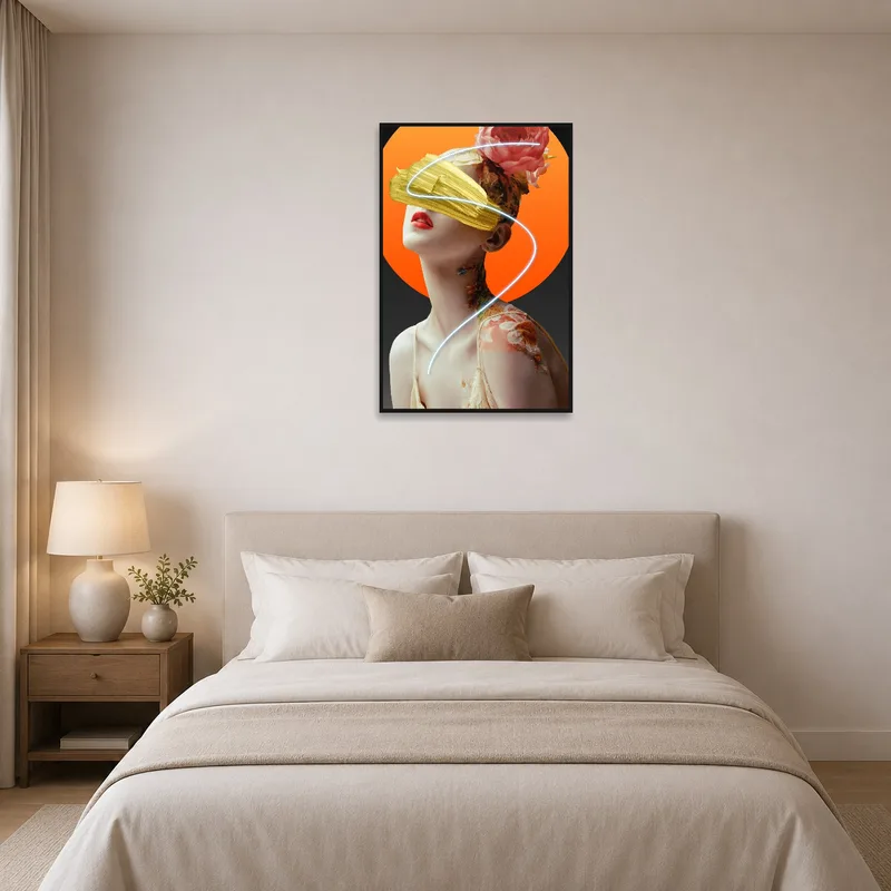 Vibrant floral portrait bringing a touch of whimsy and color to a cozy and restful bedroom.