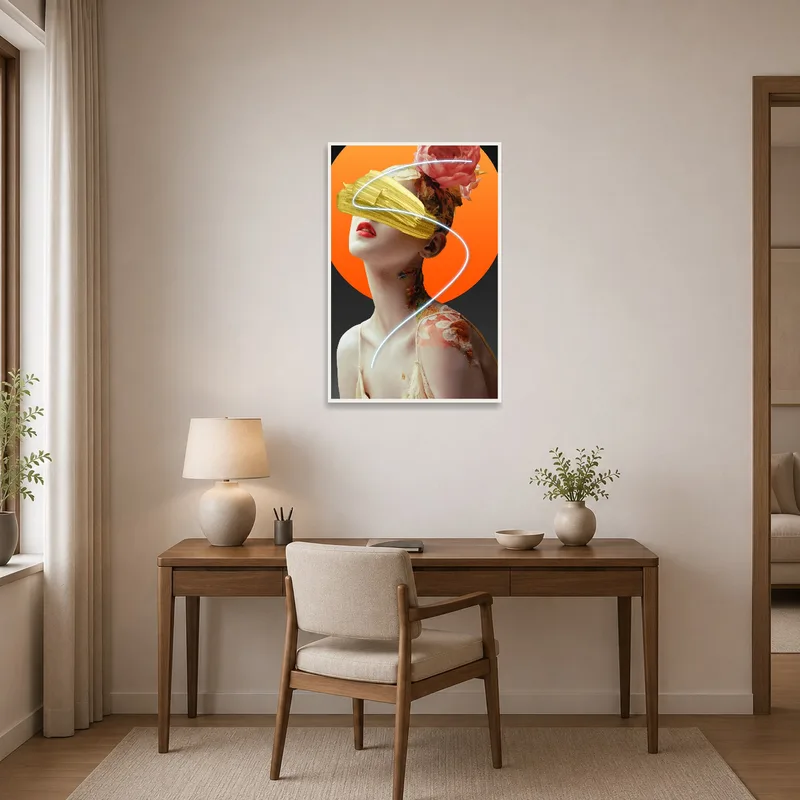 Surreal floral portrait energizing a home office, paired with a contemporary desk and chair.