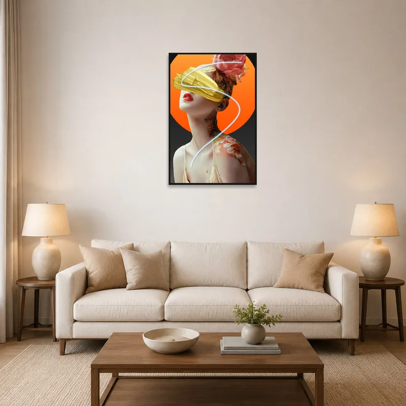 Surreal floral portrait with vibrant accents displayed above a modern sofa in a cozy living room.