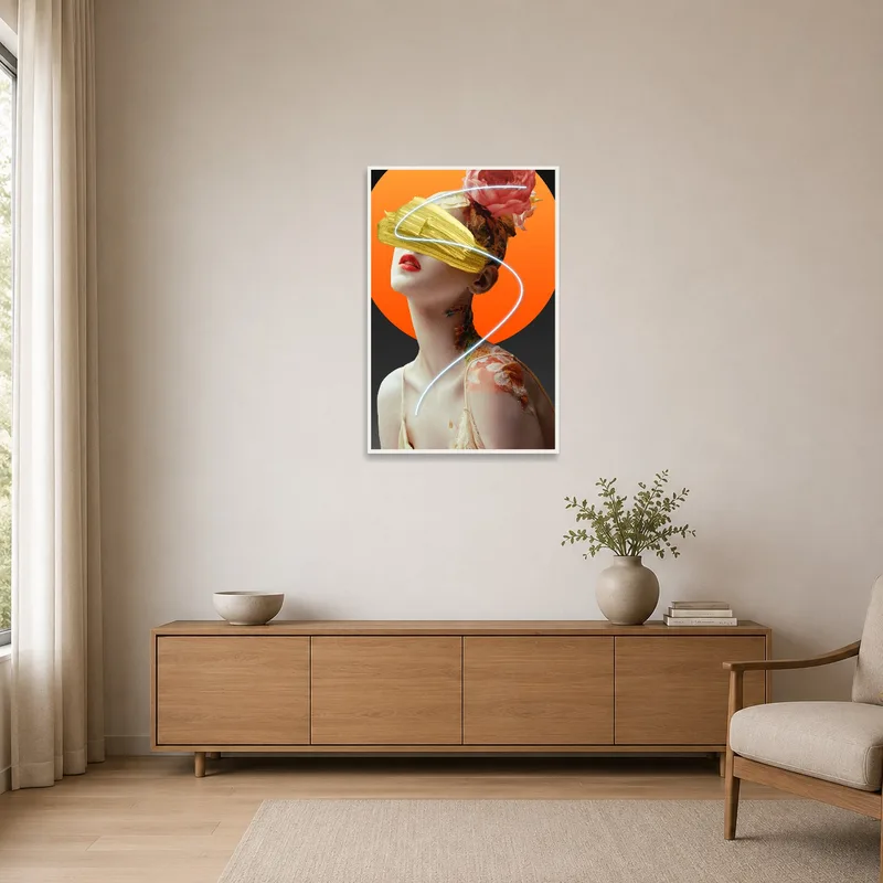 Surreal floral portrait adding a pop of color to a minimalist room with clean lines and simple furnishings.