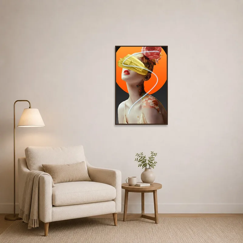 Surreal floral portrait enhancing the cozy atmosphere of a reading corner with a plush chair and a small table.