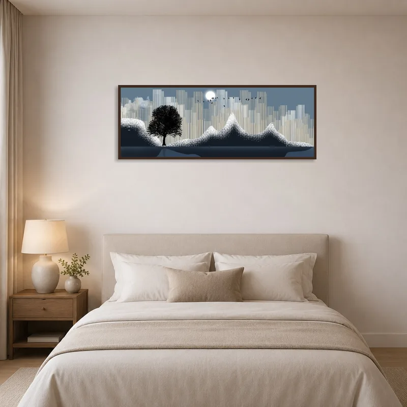 A calming landscape hangs above a restful bed, featuring a tree and birds.