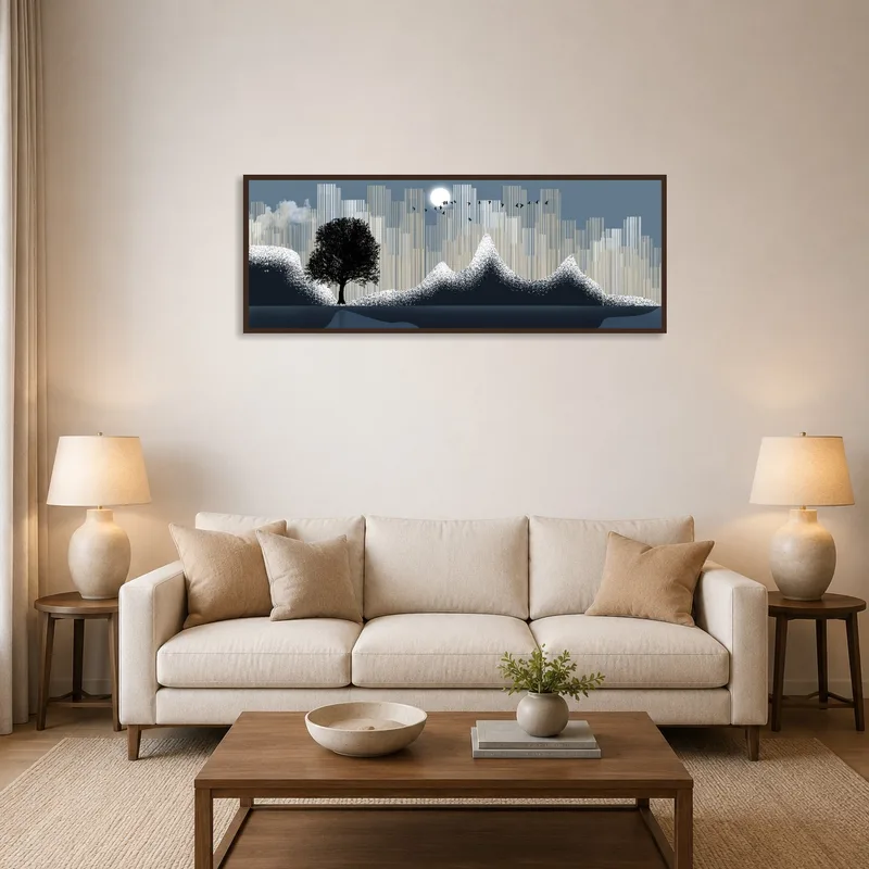 A tranquil landscape with tree and birds above a cozy living room sofa.