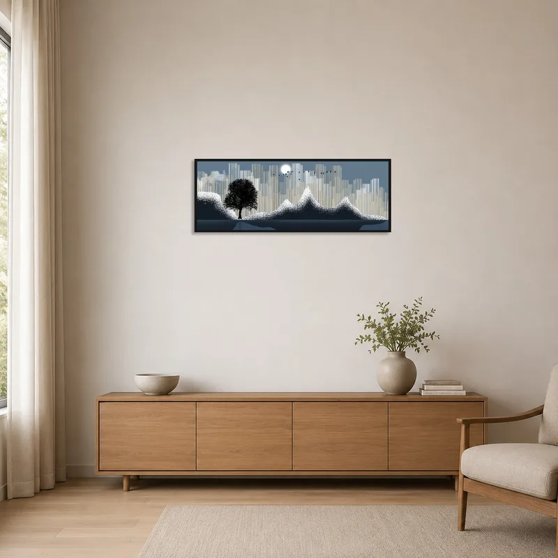 Tree and birds art enhances a minimalist setting's serene vibe.