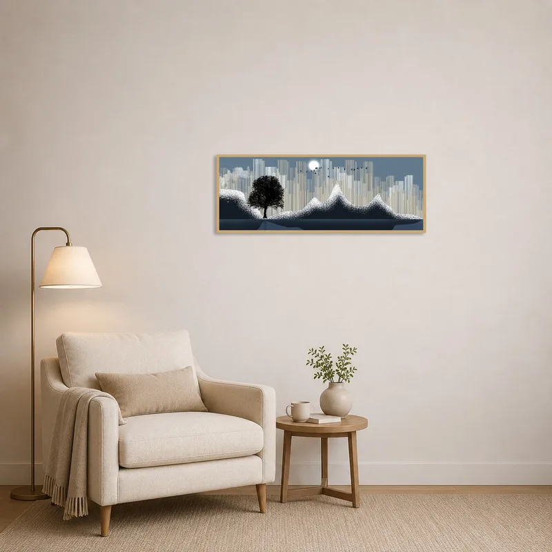 Tree and birds artwork brings tranquility to a quiet reading corner.