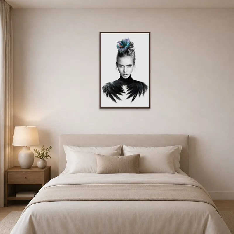 Bedroom wall featuring a surreal portrait and feather theme.