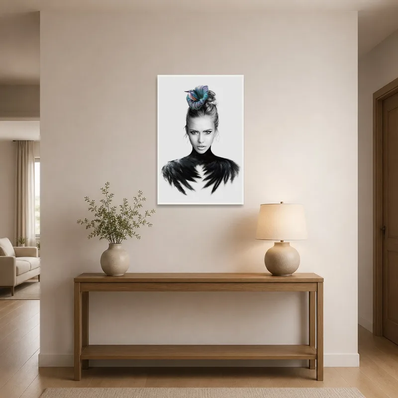 Surreal portrait with bird displayed in an entrance hall.
