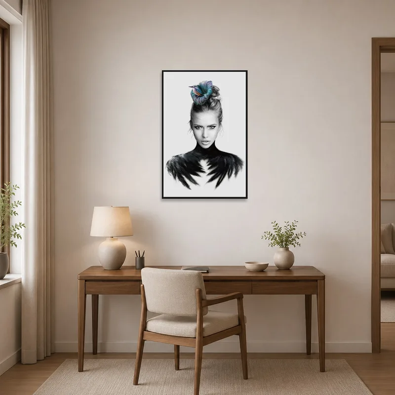 Home office showcasing a bird and feathers surreal portrait.