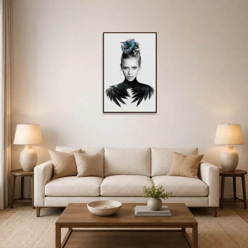 A surreal portrait with bird and feathers on a living room wall.