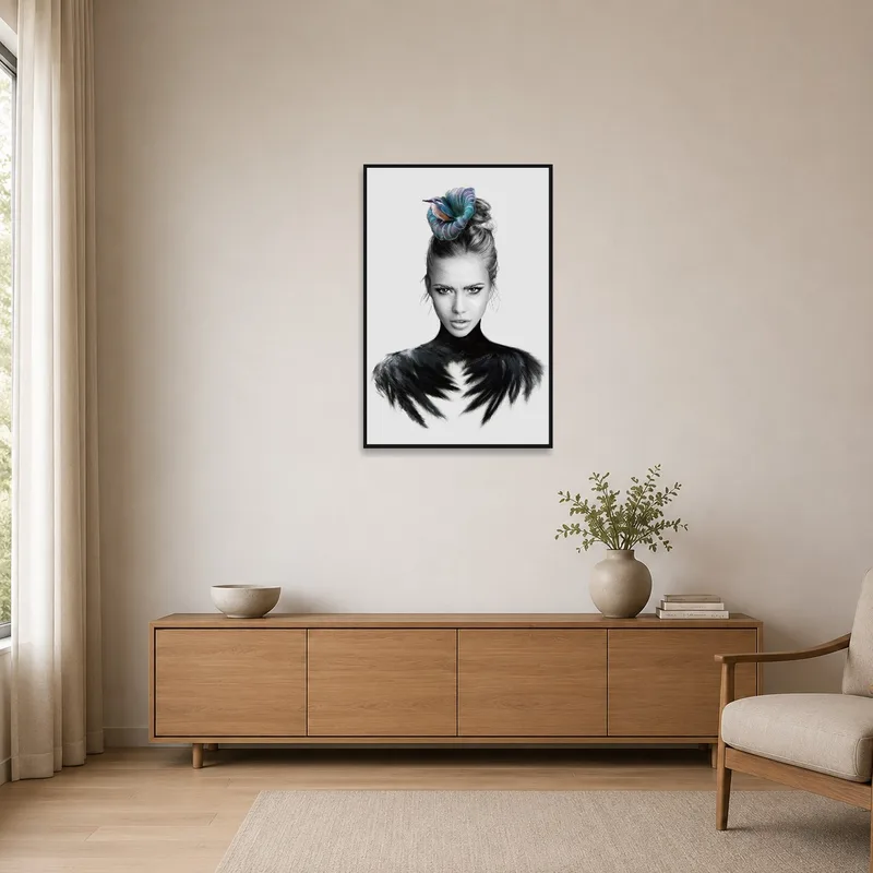 Portrait with feathered elements in a minimalist setting.