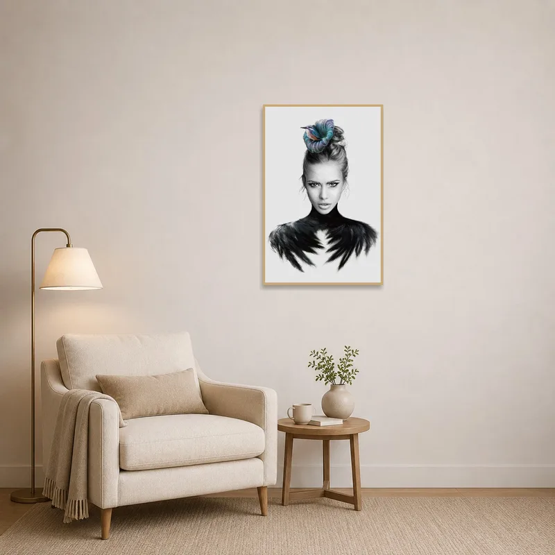 Reading corner adorned with a surreal portrait of a bird.