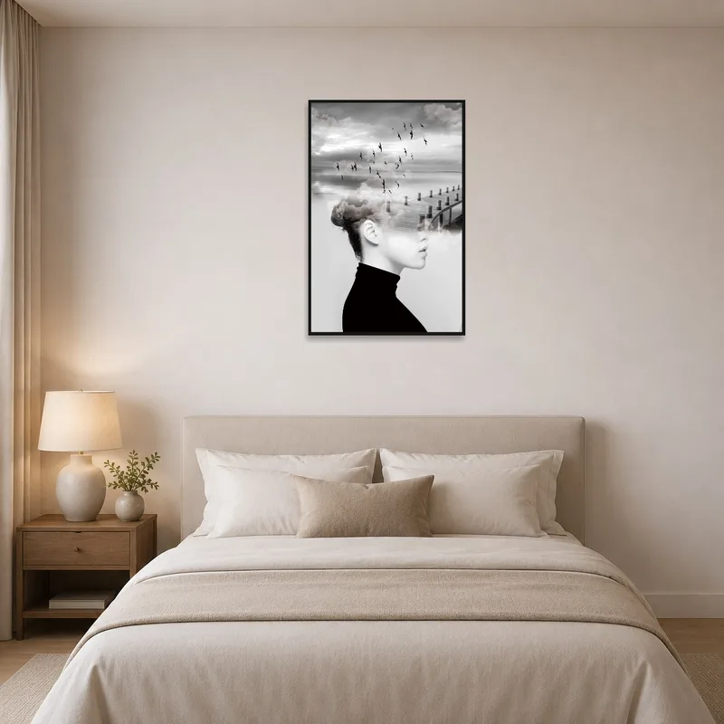 Bedroom wall with a surreal portrait integrating birds and pier elements.