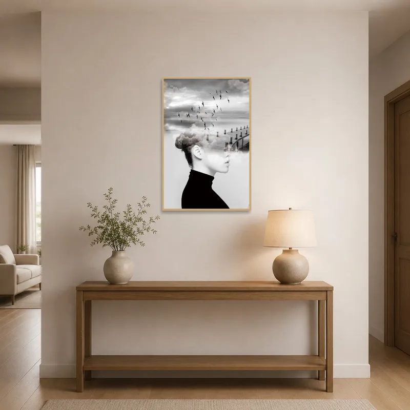 Entrance hall featuring a surreal artwork of a portrait with birds.