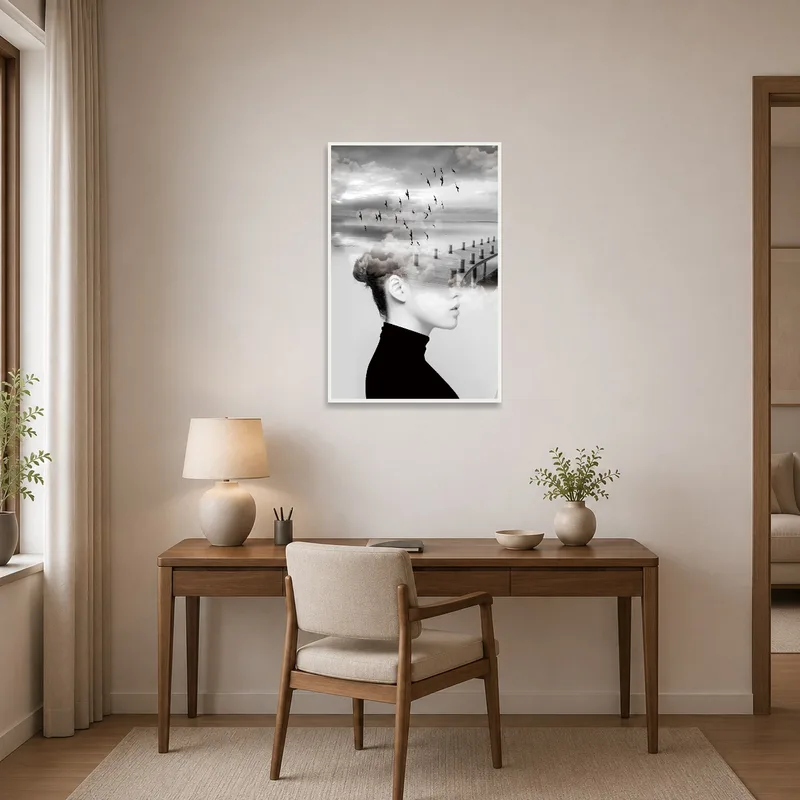 Home office space enhanced by a surreal portrait with birds and pier.