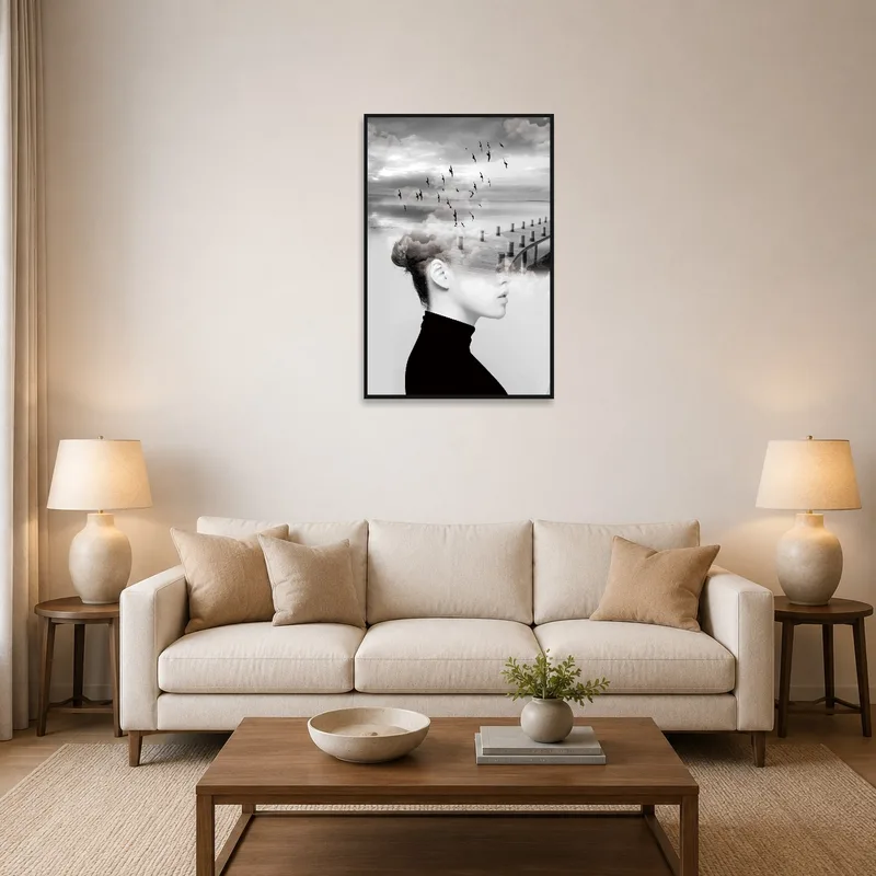 A surreal portrait with birds and pier blend gracing a living room wall.