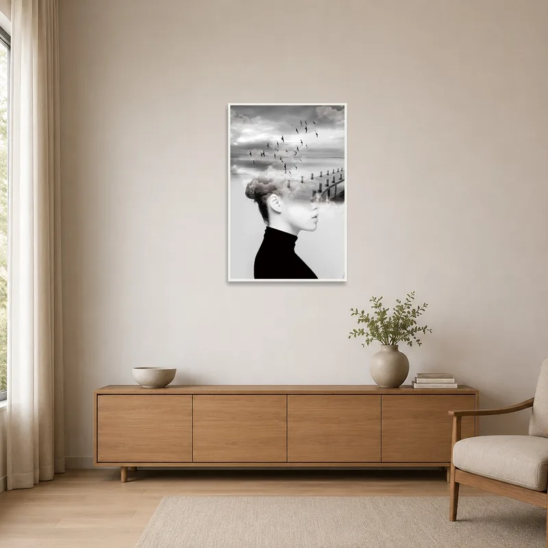 Minimalist room showcasing a surreal portrait of birds and pier.