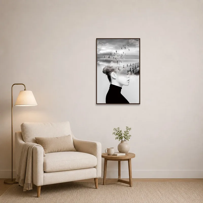 Reading corner adorned by surreal art featuring birds and a pier blend.