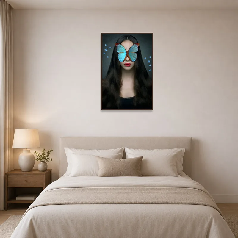 A surreal portrait with a butterfly mask accentuating the calming vibe of the bedroom.