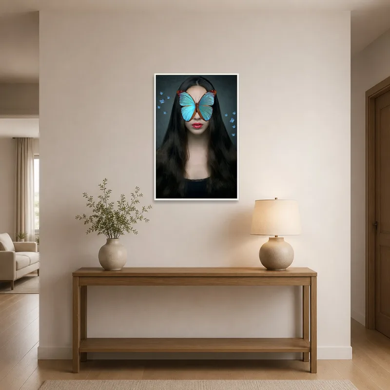 A surreal portrait with a butterfly mask greeting guests in a sleek entrance-hall.