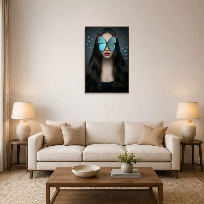 A surreal portrait with a butterfly mask hanging above a modern sofa in the living-room.