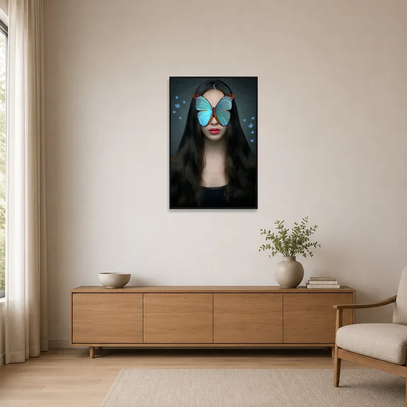 A surreal portrait with a butterfly mask on a plain wall, enhancing a minimalist space.