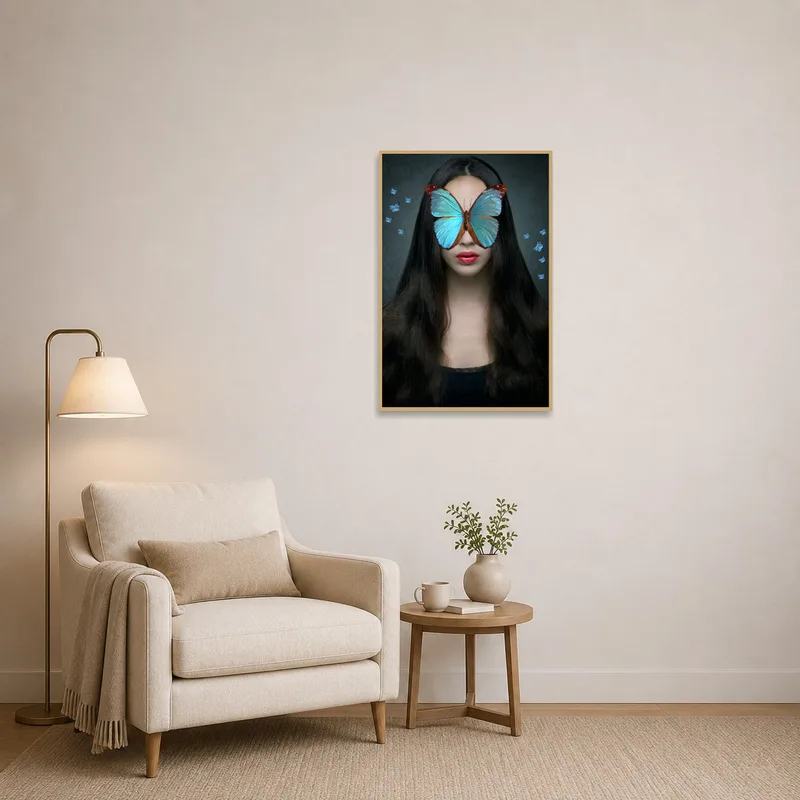 A surreal portrait with a butterfly mask adding whimsy to a cozy reading-corner.
