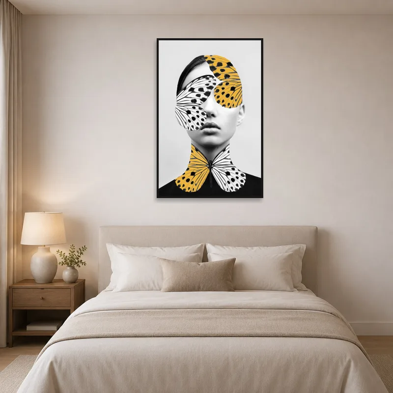 A surreal portrait with butterfly patterns enhances the dreamy mood of a bedroom.