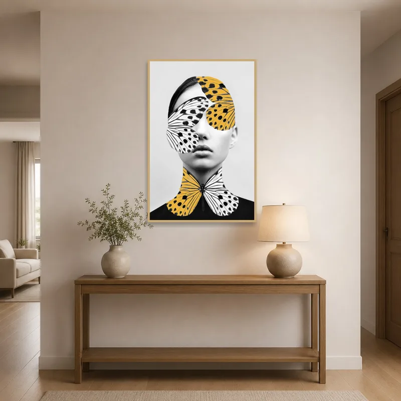 Surreal portrait with butterfly patterns greeting guests in an entrance hall.