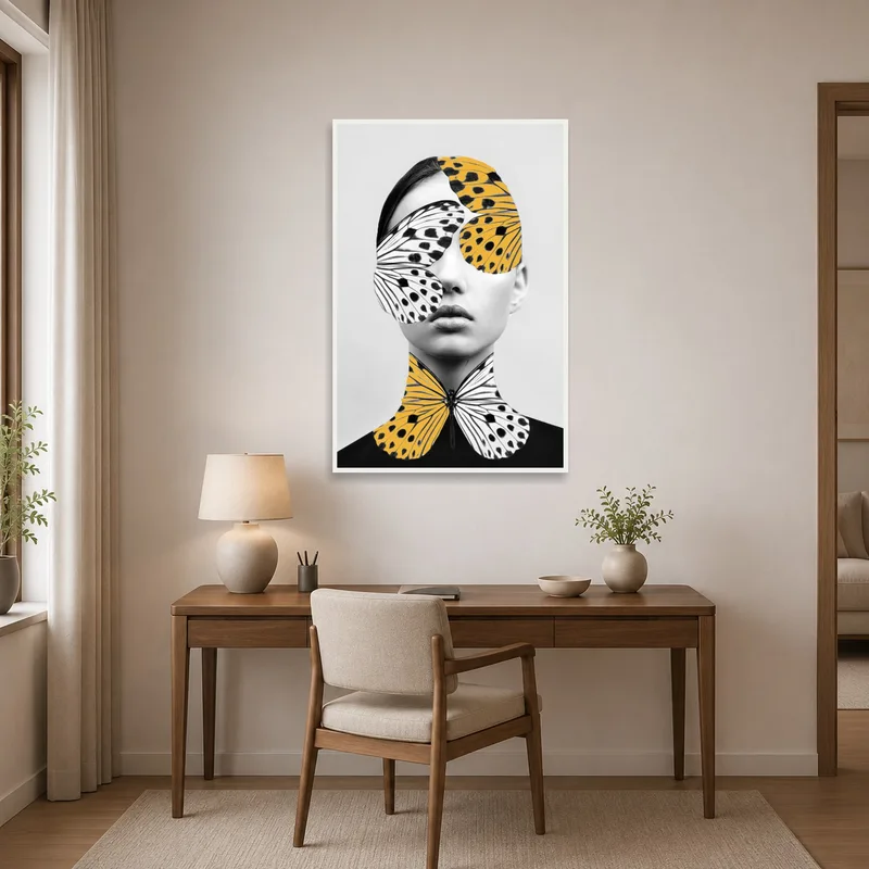Surreal portrait featuring butterfly motifs adds creativity to a home office wall.