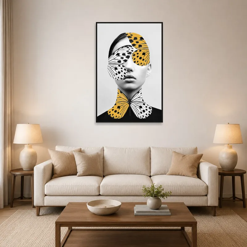 A surreal portrait with butterfly patterns on a living room wall above a modern sofa.