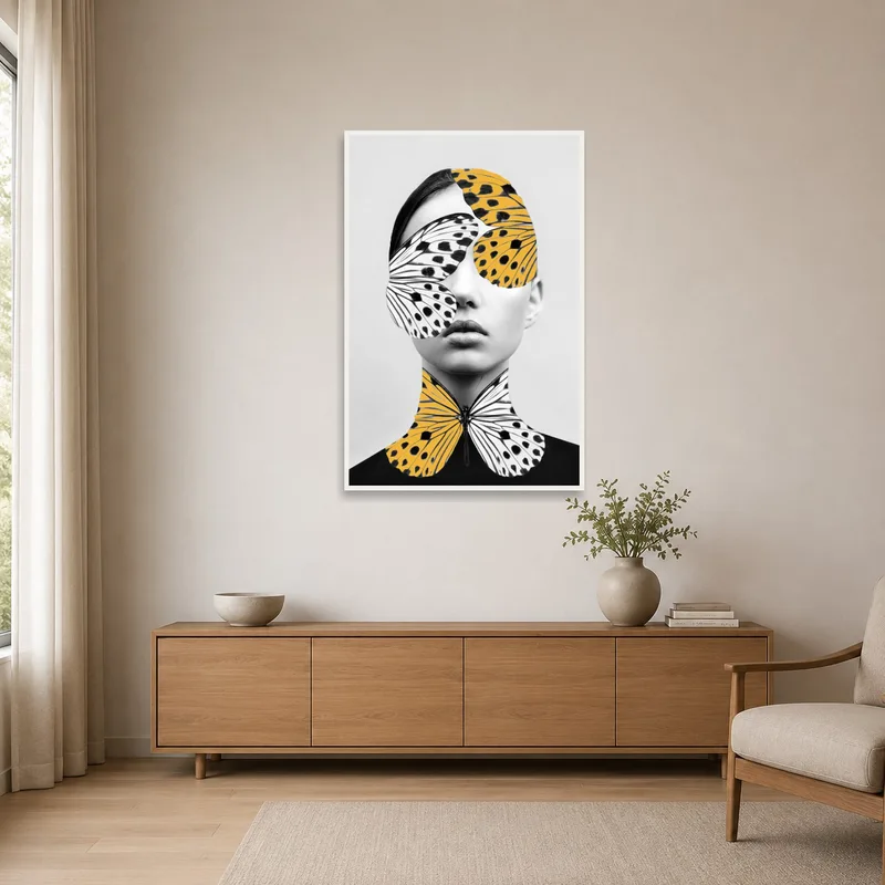 Butterfly-adorned surreal portrait on a clean white wall in a minimalist space.