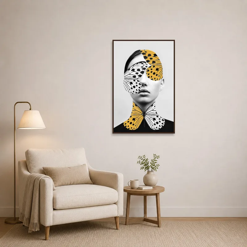 In a reading corner, a surreal portrait with butterflies adds intrigue to the cozy nook.