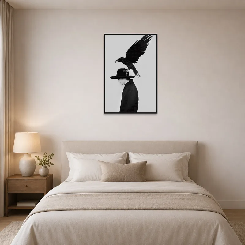 Surreal portrait with raven on hat adding intrigue to a bedroom.