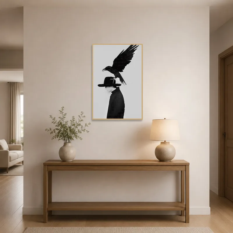 Surreal portrait with raven on hat enhancing an entryway ambiance.