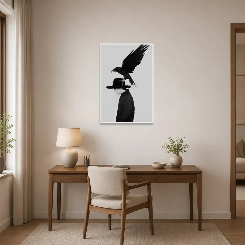 Surreal portrait with raven on hat inspiring creativity in a home office.