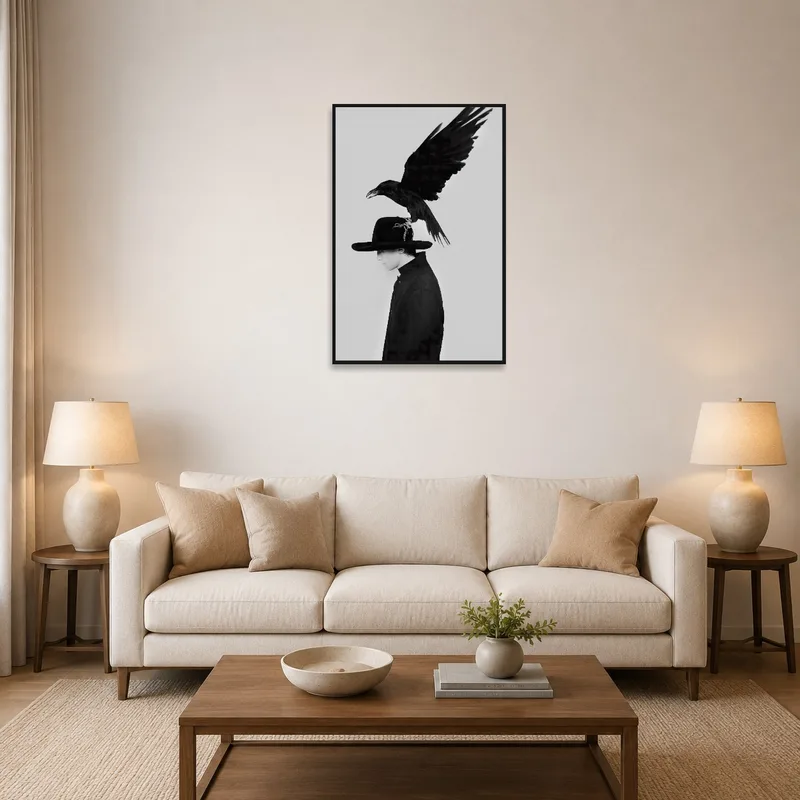 Surreal portrait with raven on hat displayed in a vibrant living room setting.