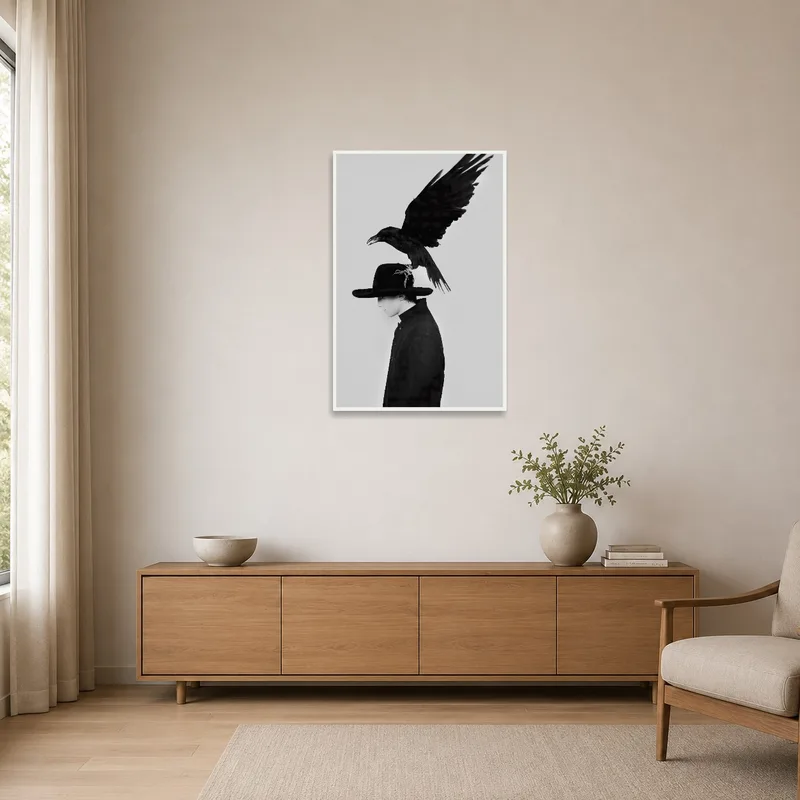 Surreal portrait with raven on hat in a minimalist space with clean lines.