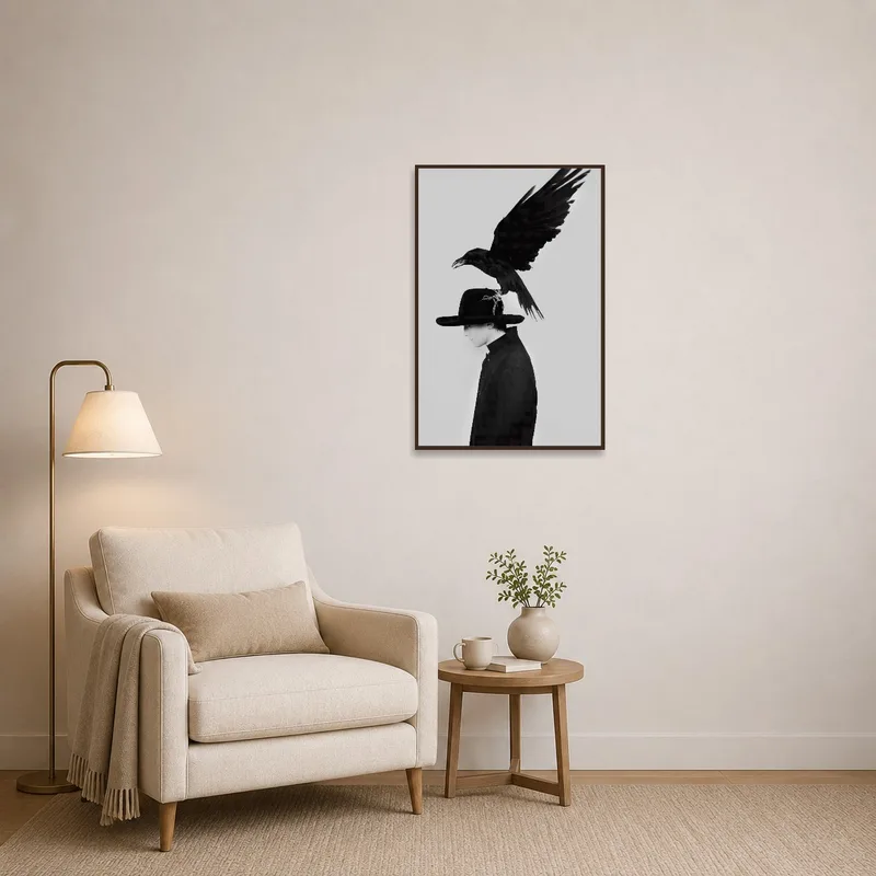 Surreal portrait with raven on hat in a cozy reading corner.