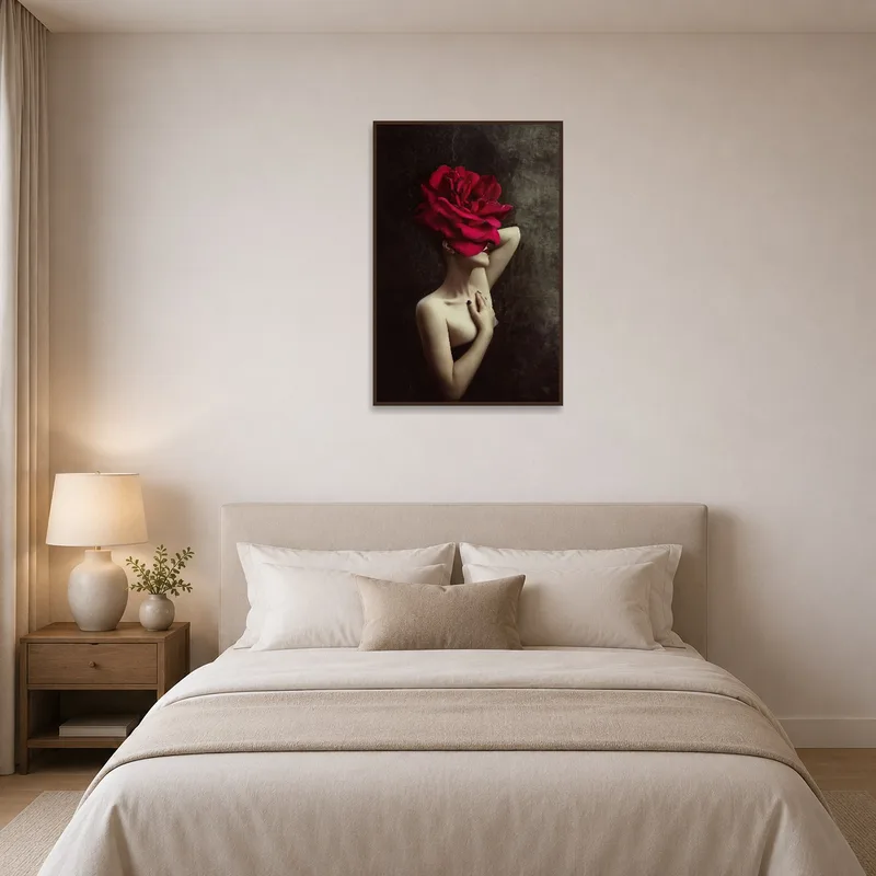Surreal portrait with a red rose headdress above a bedroom headboard.