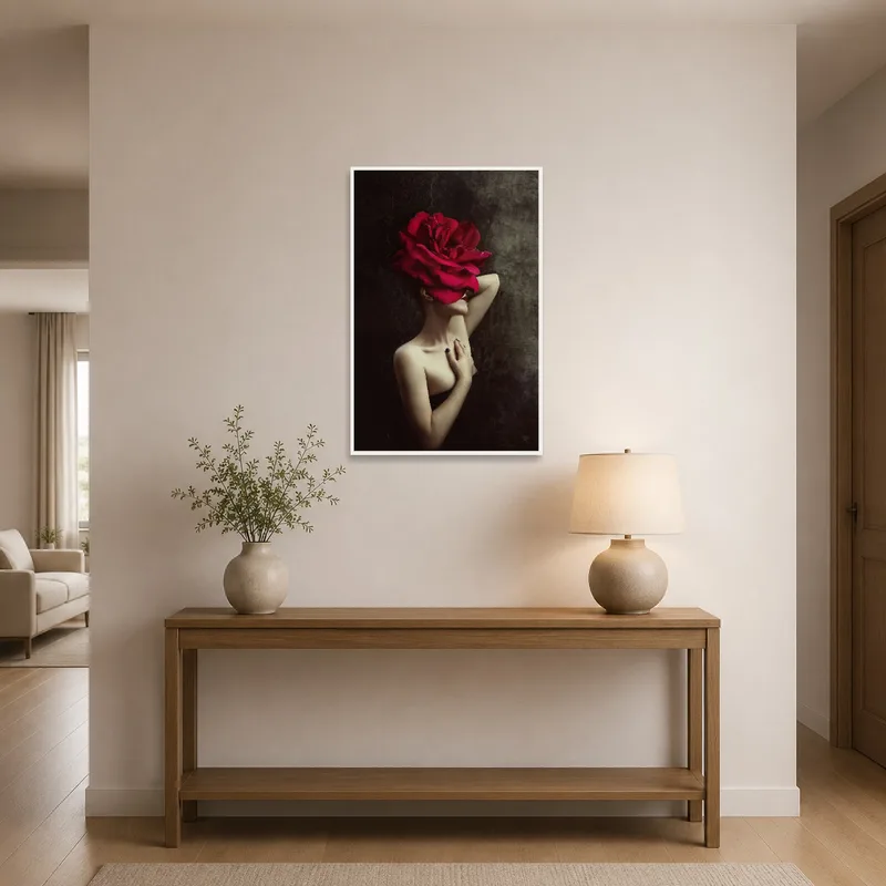 Surreal portrait with a red rose headdress greeting guests in an entrance hall.