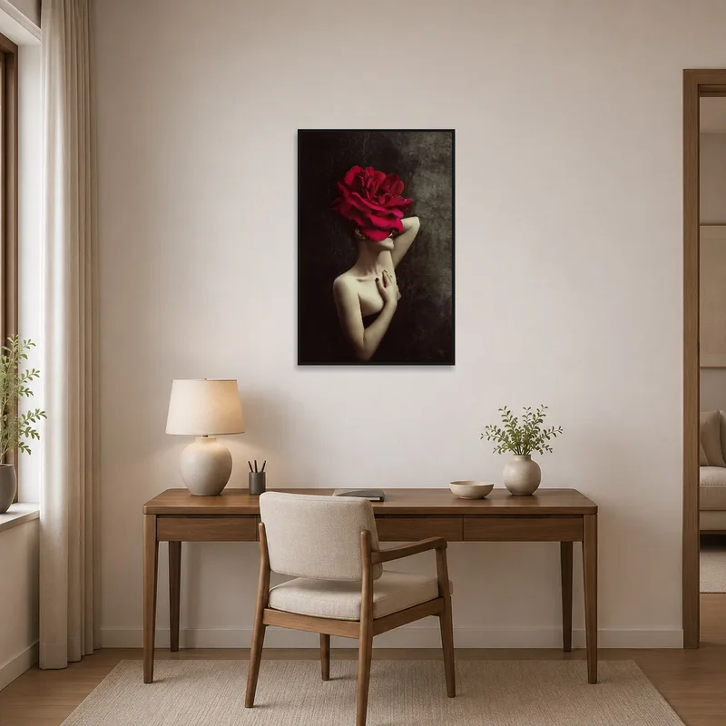 Surreal portrait with a red rose headdress inspiring creativity in a home office.