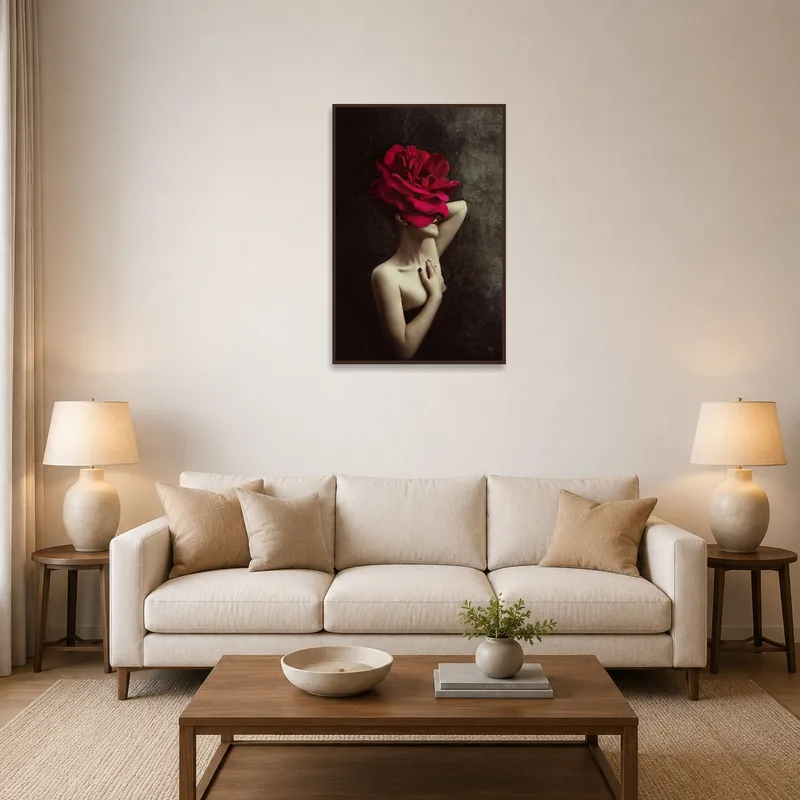 Surreal portrait with a red rose headdress hanging in a cozy living room.