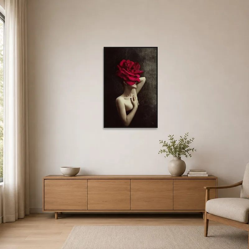 Surreal portrait with a red rose headdress on a minimalist wall.