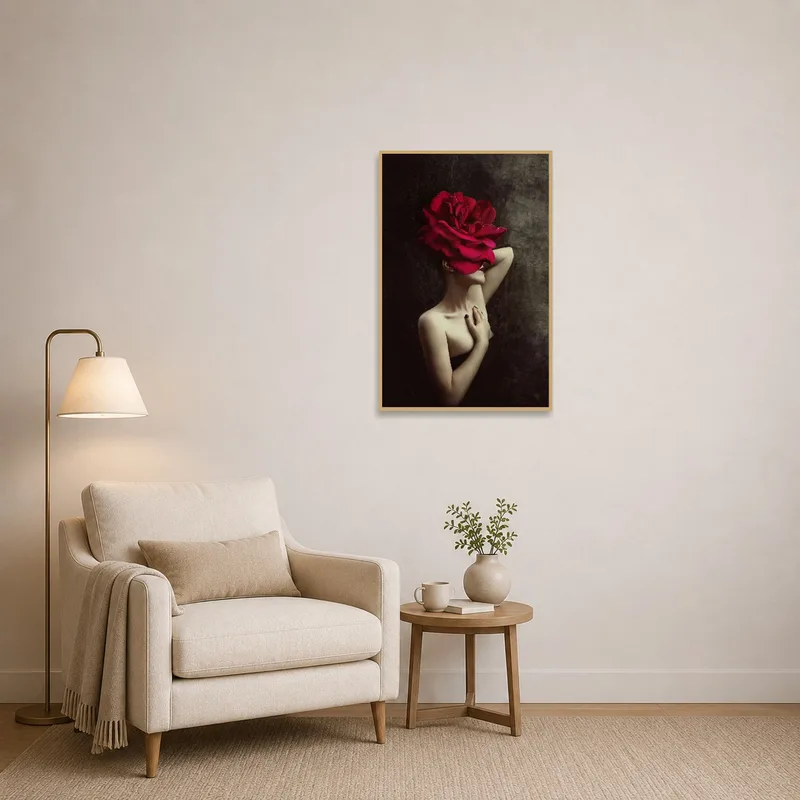 Surreal portrait with a red rose headdress adding flair to a reading corner.