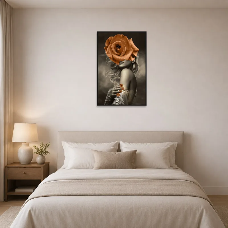 Surreal portrait with roses elegantly positioned above a bedroom bed.